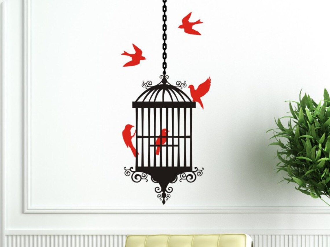 Bird Cage Wall Decal With Bird Cage 5 Birds and 1 Length of Etsy