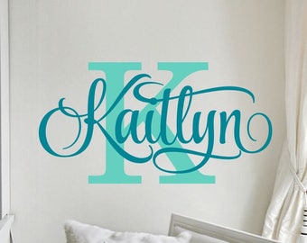 Personalized Name Wall Decal Girl Monogram Initial Swirly Name Decal Wall Decor Vinyl Lettering Gold Coral 42 Available Matte Colors