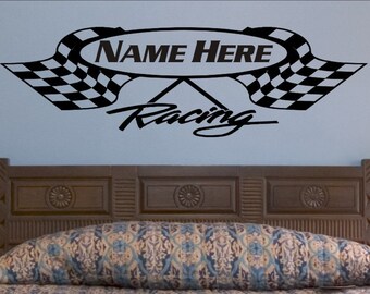 Checkered Flag Wall Decal - Checkered Flag Decal - Name Decal For Wall - Baby Boy Nursery - Boys Bedroom  Wall Decor - Race Theme Decor