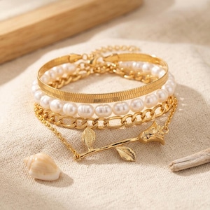 Gold Rose Bracelet Stack, Layered Pearl & Figaro Chain Bracelet Set, Dainty Jewelry, Botanical Rose Charm Gift for Her