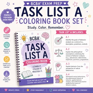 Könnte beinhalten: Ein Malbuch-Set mit dem Titel "TASK LIST A COLORING BOOK" zur Vorbereitung auf die BCBA-Prüfung. Das Cover zeigt den Text "Learn It. Color It. Master It." und enthält Illustrationen einer Glühbirne, eines Gehirns und Bleistiften.