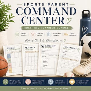 May include: A multi-kid planner bundle with the text "SPORTS PARENT COMMAND CENTER". The bundle includes weekly, game day, and tournament planners. A basketball, soccer ball, baseball, and a pair of athletic shoes are also visible.