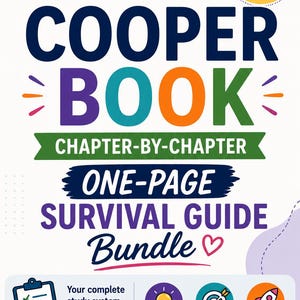May include: A digital study guide bundle titled Cooper Book Chapter-by-Chapter One-Page Survival Guide Bundle. It features 31 chapter guides, 3 bonus pages, and icons for a clipboard, lightbulb, target, and rocket with text for ABA learners.