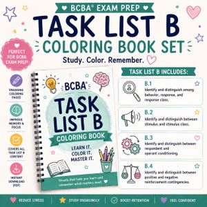 May include: A spiral-bound coloring book set titled "Task List B Coloring Book" for BCBA exam prep. The cover features the text "Learn It. Color It. Master It." and includes illustrations of a lightbulb, brain, and pencils. The set promises to improve memory and focus.