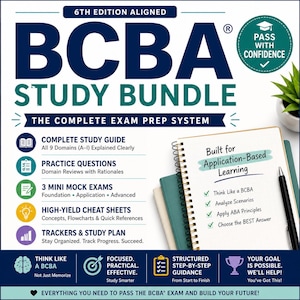 Op de afbeelding: Een studiebundel voor het BCBA-examen, met een complete studiehandleiding, oefenvragen, proefexamens, spiekbriefjes en een studieplan. De afbeelding bevat een notitieboek met de tekst "Built for Application-Based Learning".