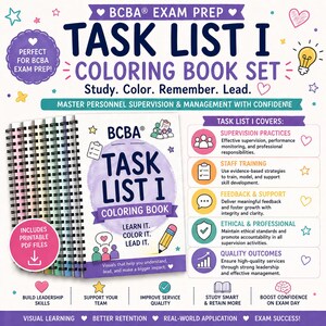 May include: A spiral-bound "Task List I" colouring book set for BCBA exam prep. The cover displays "Task List I Colouring Book" with a pencil illustration. The set includes printable PDF files and covers topics like supervision practices and staff training.