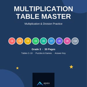 May include: A dark blue educational workbook cover titled MULTIPLICATION TABLE MASTER Multiplication & Division Practice. It features colorful circles labeled x2 through x10, Grade 3, 30 Pages, Tables 2-10, Puzzles & Games, Answer Key, and an apex logo.