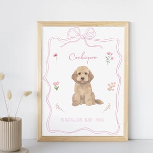 Può includere: Una stampa incorniciata con un'illustrazione ad acquerello di un cucciolo di Cockapoo. L'opera d'arte include la parola "Cockapoo" in un carattere corsivo, circondata da un bordo rosa e accenti floreali. È incluso anche il testo "Outgoing, Intelligent, Loving".
