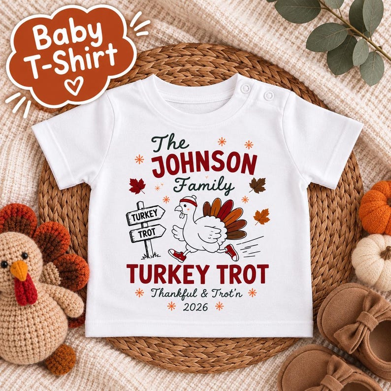 May include: A white short-sleeved baby t-shirt featuring a graphic of a running turkey wearing a headband and sneakers. The text reads The Johnson Family, Turkey Trot, Thankful & Trot'n, and 2026, surrounded by autumn leaves.