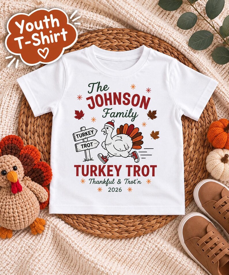 May include: A white short-sleeved youth t-shirt featuring a graphic of a turkey wearing a Santa hat and sneakers. The text reads The JOHNSON Family TURKEY TROT Thankful & Trot'n 2026, accompanied by a signpost, autumn leaves, and star accents.
