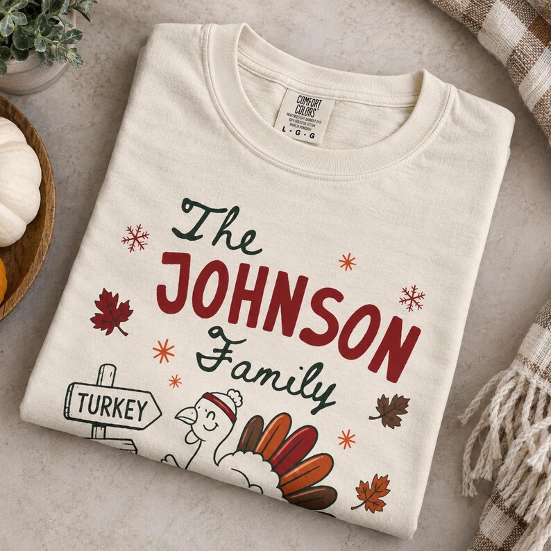 May include: A cream-colored t-shirt featuring the text The JOHNSON Family in dark green and red. The graphic includes a turkey wearing a hat, a signpost labeled TURKEY, and various autumn leaves and snowflake icons printed on the front.