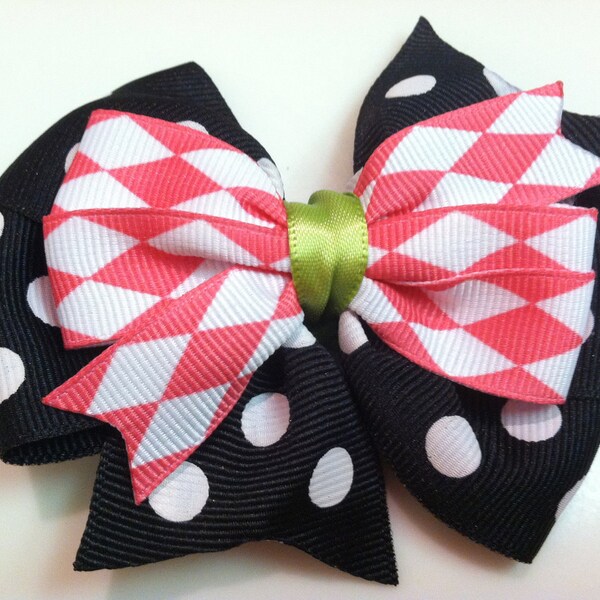 Black and White Polka Dots & Pink Argyle with Lime Green Print Stacked Boutique Style Ribbon Bow Handmade for PETS Dog Collar Accessory