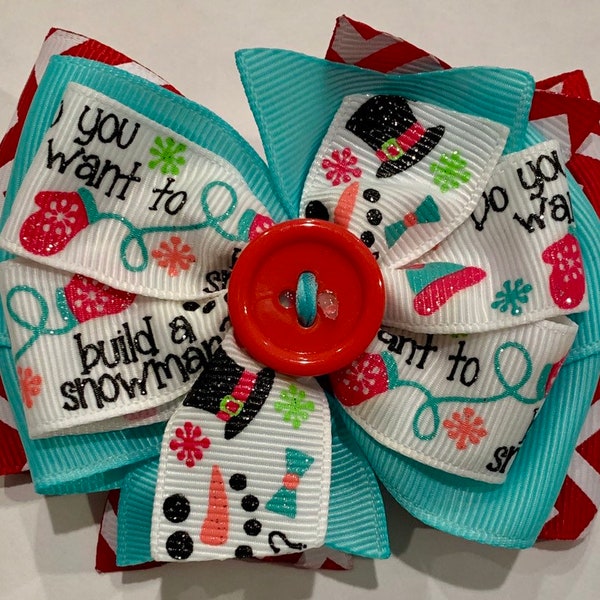 Red, Turquoise, White Snowman HOLIDAY CHRISTMAS Do You Want To Build A Snowman Stacked Boutique Style Ribbon Bow Handmade for PETS Dog Bow C