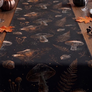 Mushroom Table Runner, Black & Gold Fern Sketch, Gothic Cottagecore Dining Decor