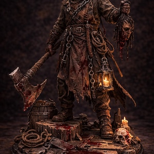 May include: A detailed figurine of a menacing figure holding an axe and a severed head. The figure is clad in tattered brown clothing, with blood splatters on the axe and the wooden platform. A lantern hangs from the figure's belt, and a skull is visible.