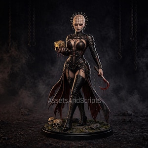 Peut inclure: Figurine détaillée d'un personnage du film d'horreur Hellraiser. La figurine porte une tenue en cuir noir et tient une boîte à énigmes et un crochet. La figurine repose sur une base ronde avec des crânes.