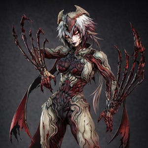 May include: A detailed figurine of a female figure with a demonic appearance. The figure has a pale complexion with red and white accents, sharp claws, and long, flowing hair. The figure is standing on a circular base.