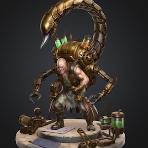 Steampunk Scorpion Engineer STL – Mad Scientist Mechanical Tail 3D Printable Miniature – Alchemist Inventor Figurine – Tabletop Model