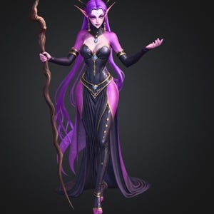 Puede incluir: Una figura de fantasía con largo cabello púrpura y orejas puntiagudas, vestida con un vestido negro y púrpura con detalles dorados. Sostiene un bastón de madera y tiene un colgante de gema. La figura está de pie con un brazo extendido.
