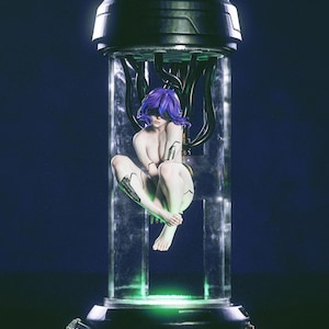 May include: A futuristic art piece featuring a figure with purple hair inside a cylindrical glass container. The figure is seated, with robotic enhancements on the limbs. The container has a dark, metallic top and base, with green lighting accents.