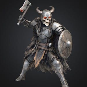 May include: A skeletal warrior figure in silver armor, holding a bloodied axe and a round shield. The figure wears a horned helmet and has glowing red eyes, with a fur-like cloak. The overall theme is fantasy and medieval.