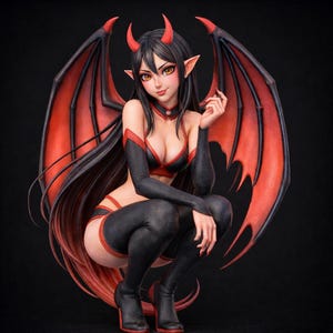 May include: A detailed figurine of a female demon with black hair, red horns, and large wings. She wears a black and red outfit, including a bra, arm sleeves, and thigh-high stockings. The figure is in a crouching pose, with a dark background.