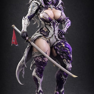 May include: A detailed figurine of a female warrior in a futuristic suit, predominantly white and purple. She holds a katana with a red flag attached. The figure is on a round, textured base.