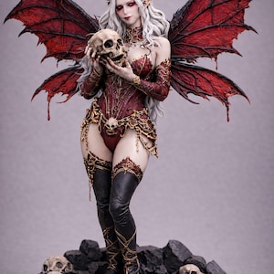 May include: A detailed figurine of a fantasy character with white hair, red wings, and a red and gold outfit, holding a skull. The figure stands on a rocky base with skulls scattered around.