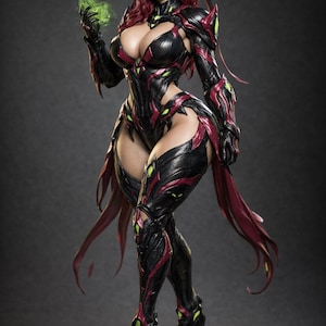 May include: A detailed figurine of a female warrior in a black and red armored suit. The figure has red hair and is holding a glowing green orb. The armor has green accents and the figure is standing on a circular base.