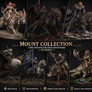 Mount Collection STL Bundle – 7 Fantasy Creature Riders – Dragon, Chimera, Wolf, Eagle, Horse, Boar, Gator – DND Mounted – 3D Print