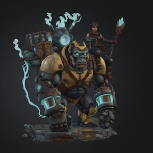 May include: A detailed 3D rendering of a mechanical gorilla with yellow and gray armor, carrying a person on its back. The gorilla has glowing blue eyes and mechanical arms. The person is holding a staff with a blue crystal. Steam and blue energy emanate from the gorilla's back.