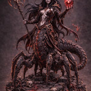 Puede incluir: Figura de fantasía detallada de una hechicera demoníaca con un cuerpo inferior de escorpión. Sostiene un báculo con una gema roja y un orbe llameante. La figura es predominantemente negra y roja, con una armadura intrincada y cabello largo y negro.