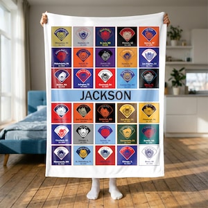 MLB Stadium Map Blanket Velveteen, Personalized Name, Baseball Stadiums, Sports Fan Gift