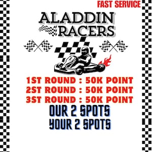 Puede incluir: Gráfico para Aladdin Racers con un karting en blanco y negro, un piloto, banderas a cuadros y llamas. El texto incluye "1ST ROUND: 50K POINT", "OUR 2 SPOTS" y "FAST SERVICE". Sobre fondo blanco.