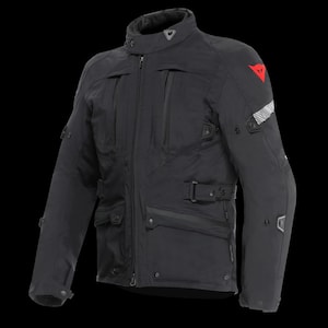 May include: Black motorcycle jacket with multiple pockets, a high collar, and a zip-up front. Features a red logo on the upper arm and reflective stripes. The jacket has a belt at the waist and reinforced elbow pads.