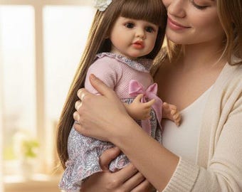 Reborn Baby Doll | Toddler Girl | Pink Floral Dress with Bow | Long Brown Hair | Collectible Gift