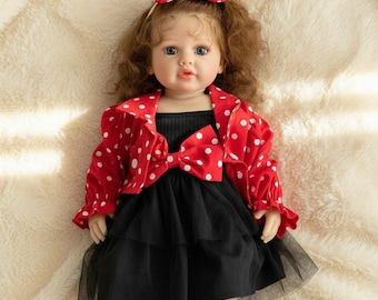 Reborn Toddler Doll | Red Polka Dot Outfit | Curly Hair | Bow & Dress Accessories | Collectible Gift for Baby Lovers