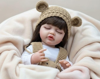 Reborn Baby Girl Doll | Handmade Lifelike | Brown Knit Teddy Bear Outfit with Hat | Crochet Newborn Prop