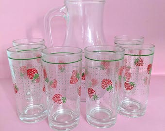 Strawberry Pitcher and 6 matching glasses set