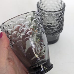 May include: Two translucent dark gray glass tumblers featuring a raised, repeating scalloped pattern across the upper body and a distinct circular spiral design embossed on the lower side, with a smooth, flared rim and a solid, circular base.