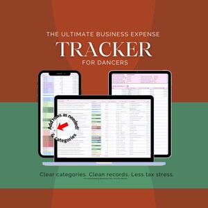 Puede incluir: Imagen promocional de un rastreador de gastos comerciales para bailarines. La imagen presenta una computadora portátil, una tableta y un teléfono inteligente que muestran una hoja de cálculo. El texto incluye "The Ultimate Business Expense Tracker for Dancers" y "Clear categories. Clean records. Less tax stress."