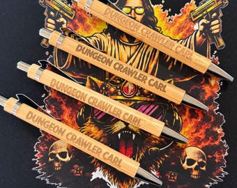 Dungeon Crawler Carl Engraved Bamboo Pens | Funny Quotes, Laser Etched Set (4 Pens)