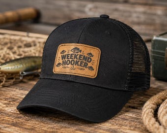 Fishing Hat! Weekend Hooker. Mesh trucker hat, baseball cap. Leatherett patch heat pressed on. Adjustable fit