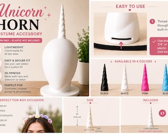 3D Printed Unicorn Horn | Costume Accessory | Cosplay Prop | Elastic Slot | Available in 4 Colors | Horn Only
