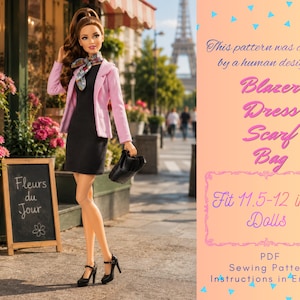 Cartamodello per bambola alla moda da 11,5" – Blazer rosa, tubino grigio, valigetta, sciarpa (download digitale)