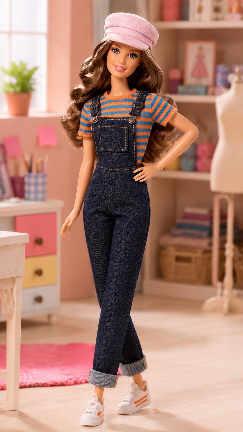 May include: A doll with long brown hair wearing a pink cap, an orange and blue striped short-sleeve shirt, dark blue denim overalls with metal buttons, and white sneakers with orange side stripes. The doll has a fair complexion and blue eyes.
