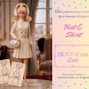 May include: A doll wearing a cream-coloured ribbed turtleneck, a matching vest with gold buttons, and a pleated skirt. The text reads: This pattern was created by a human designer. Vest & Skirt. Fit 11.5-12 inch Dolls. PDF Sewing Pattern Instructions in English.