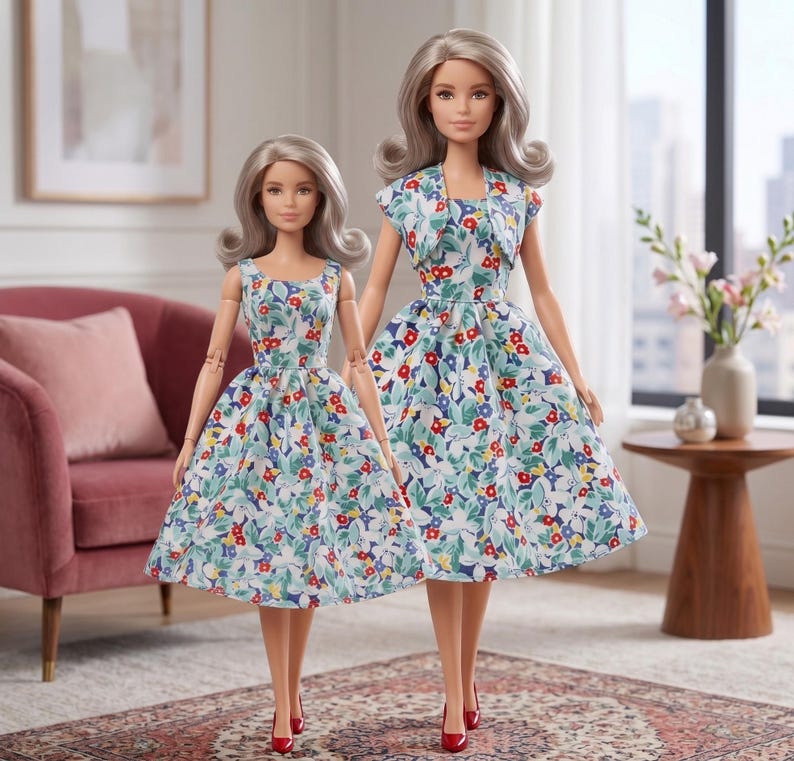 May include: Two dolls with shoulder-length silver hair, each wearing a sleeveless dress featuring a light blue background with a pattern of red, white, and green flowers and leaves. The taller doll also wears a matching cropped jacket over the dress.