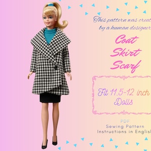 Może przedstawiać: Lalka ubrana w czarno-biały płaszcz w pepitkę, turkusowy golf i czarną spódnicę. Tekst: This pattern was created by a human designer. Coat Skirt Scarf. Fit 29-30 cm Dolls. PDF Sewing Pattern Instructions in English.