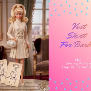 Op de afbeelding: Een Barbie-pop in een crèmekleurige vest- en rokensemble, met een bijpassende handtas. De pop heeft blond haar en staat voor een roze achtergrond met de tekst "Vest Skirt For Barbie". Twee schetskaarten liggen voor de pop.